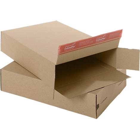 Geöffnete Versandtasche aus brauner Pappe mit rotem Klebeband.