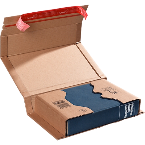 Book in an open cardboard box. The cover of the book is blue, the box is brown. The box is sealed with red tape.