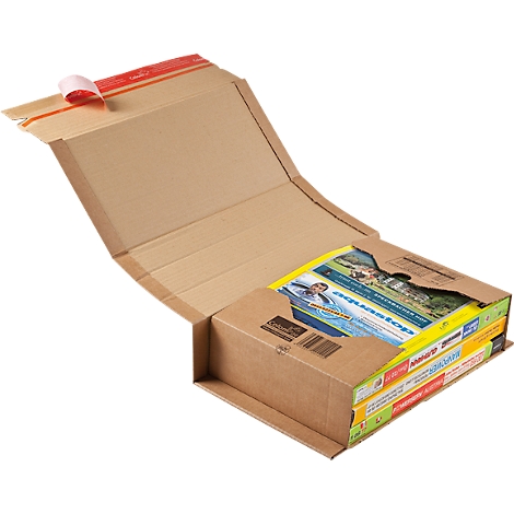Opened brown shipping box with stacked books. A red adhesive strip is attached at the top.