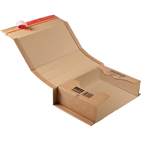 Opened brown shipping box with red tape at the closure, barcode visible.