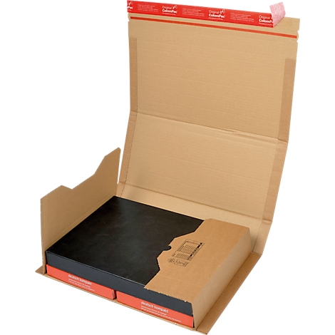 Open cardboard packaging with black content and red band. Part of the packaging is open.