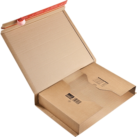 Opened shipping box made of brown cardboard. Inside is a smaller box. Stickers and barcodes are visible.