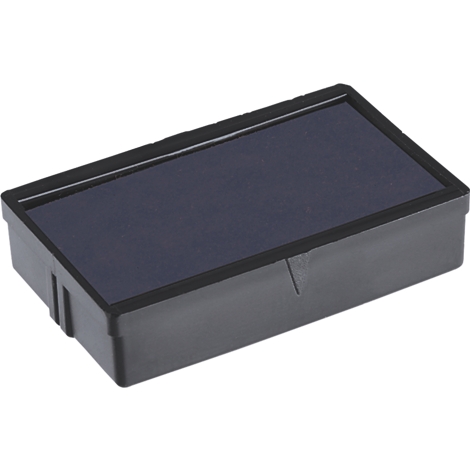 Boîtier de timbre rectangulaire noir avec un tampon encreur bleu.
