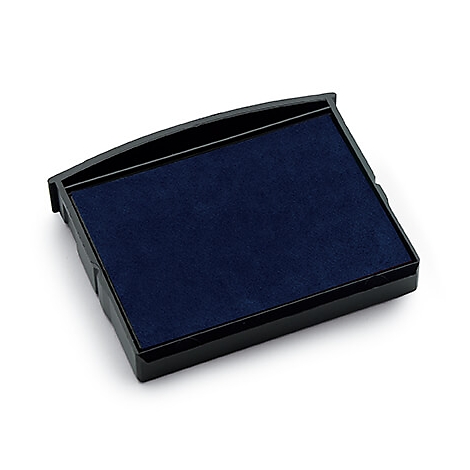 Tampon encreur bleu dans un boîtier noir, légèrement incliné d'en haut.