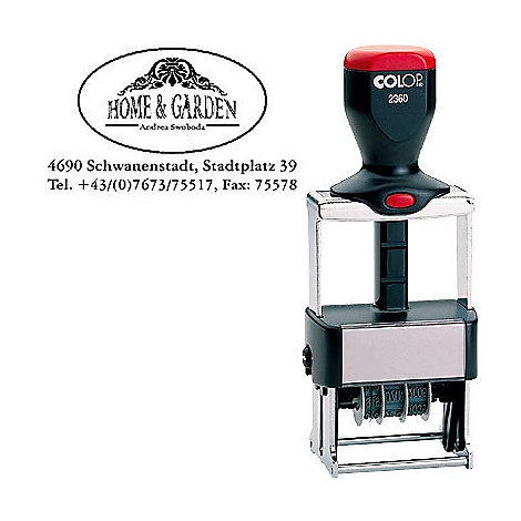 Ein Stempel mit rotem Griff und dem Schriftzug HOME & GARDEN.