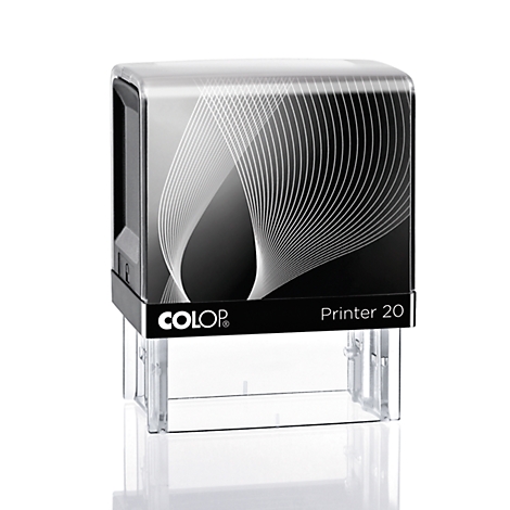 Schwarzer Stempel mit weißem Schwung-Muster und der Aufschrift "Printer 20".