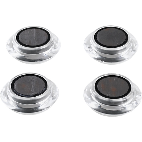 Four round, transparent magnets with dark center, on white background.