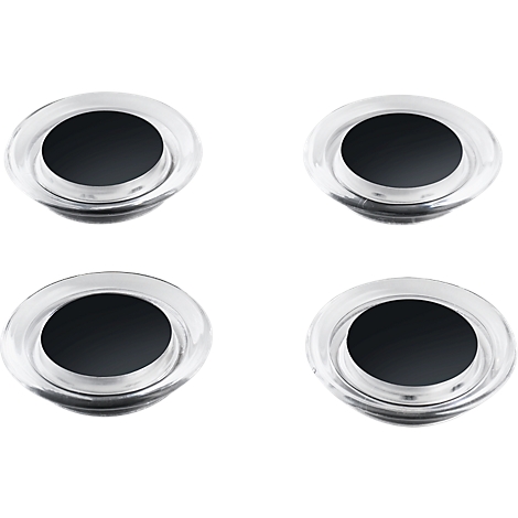 Four round, metallic-shiny objects with a black, round center on a white background.