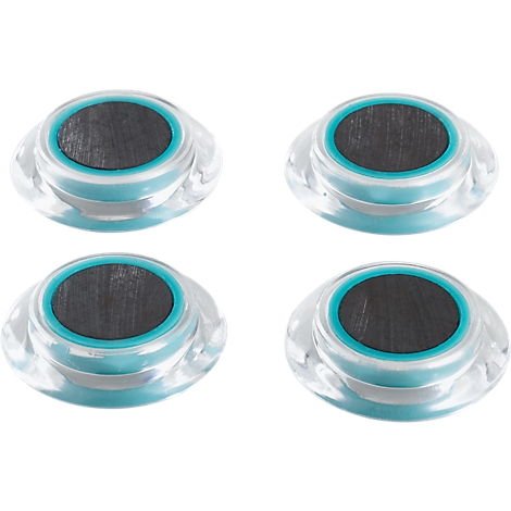 Four small, transparent devices with dark gray circles and turquoise blue edges on a white background.