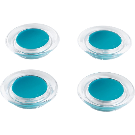 Four transparent suction cups with blue centers, against a white background.