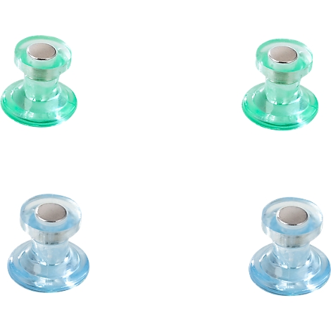 Four transparent, round magnets in green and blue. Each magnet has a silver center. They are depicted on a white background.