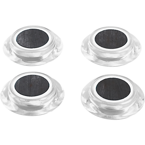 Four transparent furniture gliders with a black, round core and white edge.
