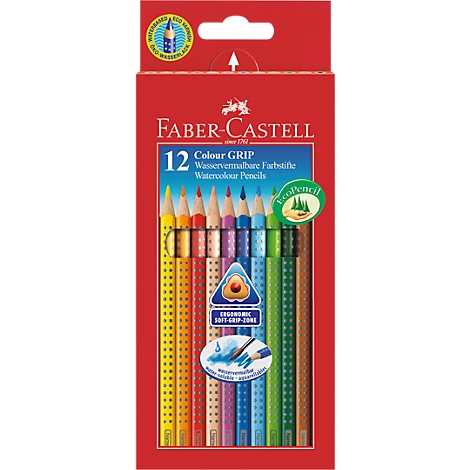 Colored pencils in a red framed box. Colored pencils are visible, text: Faber-Castell, Colour Grip, EcoPencil, watercolor.