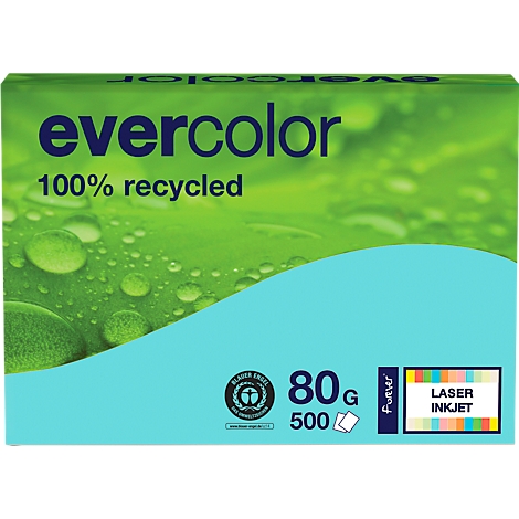 Paper pack 'evercolor', green-blue design, text '100% recycled', Blue Angel seal, information about weight and printing type.