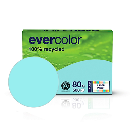 Turquoise paper, evercolor brand, 100% recycled. 80g, 500 sheets, for laser and inkjet.