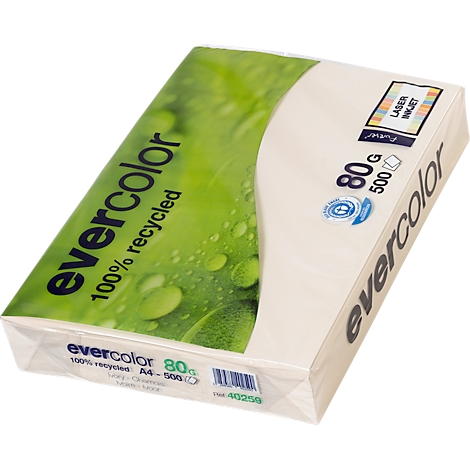 Stack of paper, brand evercolor, 100% recycled, 80g, A4, 500 sheets, for laser and inkjet printers.