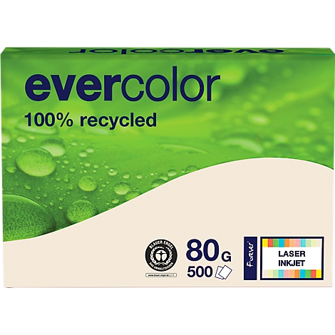 Paper packaging with the 'evercolor' logo and '100% recycled' text. Prints: 80g, 500 sheets, Laser/Inkjet.