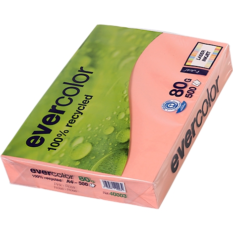 A pack of pink paper from evercolor. Prints: 100% recycled, A4-500, 80g, laser inkjet. The green part shows water drops.