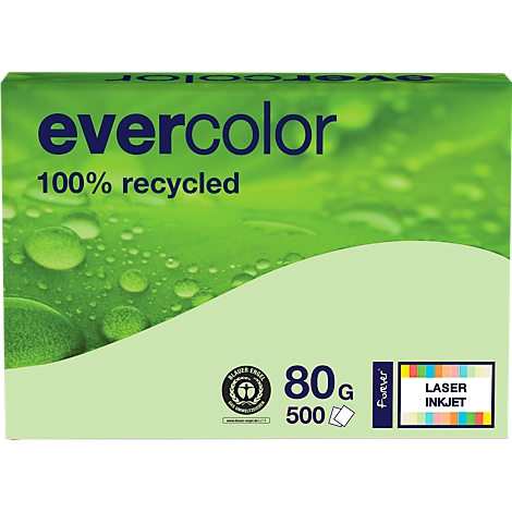 Green paper package with the imprint "evercolor, 100% recycled". Information on paper weight and application.