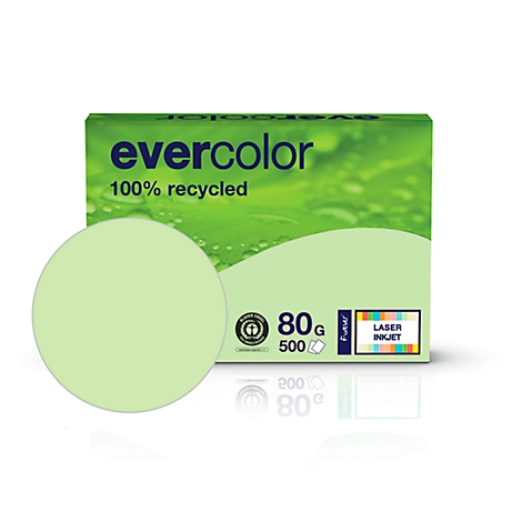 A green circle of paper lies in front of a paper box with the Evercolor logo and the words "100% recycled."