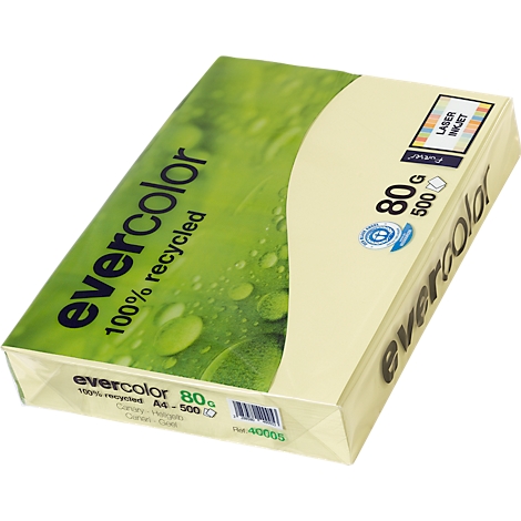 Box of paper, brand 'evercolor', green packaging with drop motif and text, '100% recycled', '80g'.