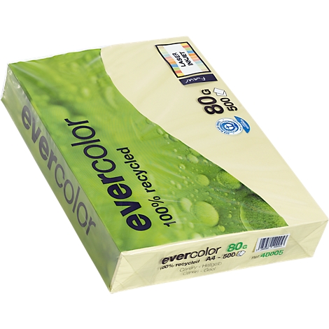 Evercolor paper pack, A4, 100% recycled. Text: 80g, 500 sheets, 100% recycled. Watermark and barcode.