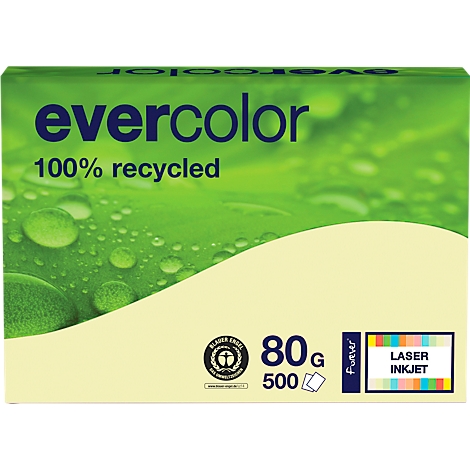 Paper pack with the inscription "evercolor", 100% recycled, green leaves as background. "80g 500" and "Laser Inkjet".