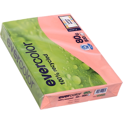 A package of evercolor brand paper, wrapped in foil. The packaging is pink and green with the words '100% recycled' and other information.