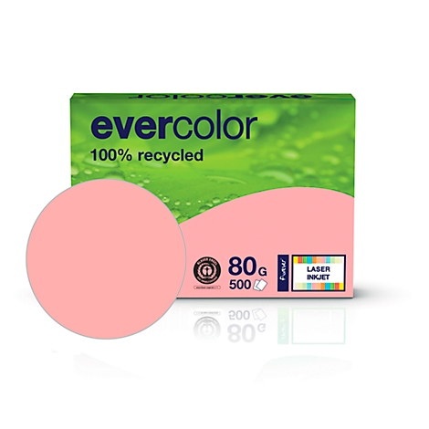 Pink paper, 80g, 100% recycled. Inscription: Evercolor, Laser/Inkjet.