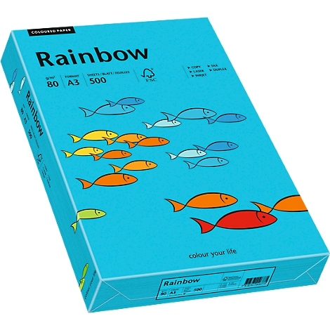 A box of colored paper, light blue with fish pattern. Lettering 'Rainbow', size A3.