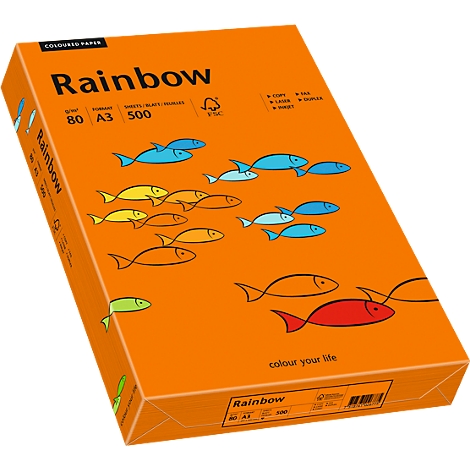 A package of colored paper with a fish pattern, orange background, lettering "Rainbow".