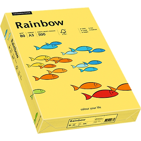 Yellow paper pack with colorful fish and the word Rainbow. It is the A3 format with 500 sheets.