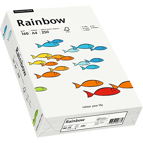 Paper pack with colorful fish motifs and the lettering "Rainbow". Contains 250 sheets of A4 paper.
