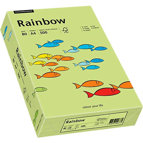 Package of colored paper with rainbow print and colorful fish on a green background.