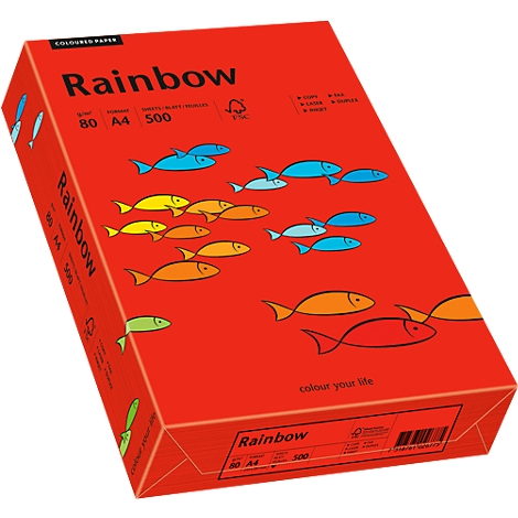 Red paper box with fish pattern and "Rainbow" lettering. The package contains A4 size paper and 500 sheets.