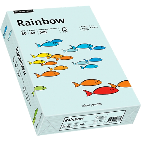 A pack of colored paper with the print "Rainbow" and colorful fish illustrations. The pack is depicted diagonally from above.