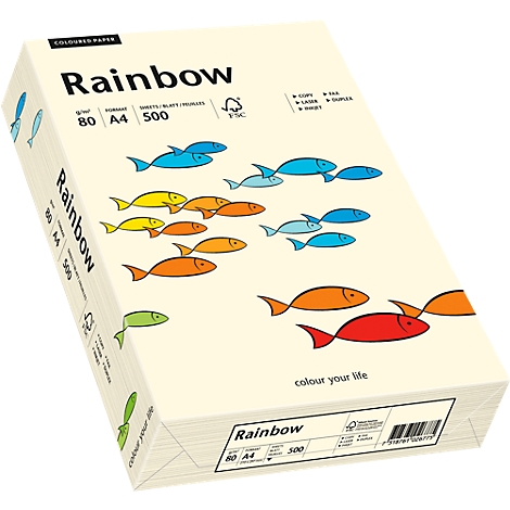 Paper pack labeled Rainbow with colorful fish illustrations. Printed with: 80, A4, 500, and "colour your life."