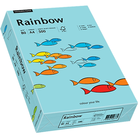 Blue paper pack with colorful fish. Printed: 'Rainbow', 80 gsm, A4, 500 sheets.