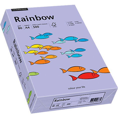 A box of coloured paper with a rainbow logo and colorful fish illustrations. Inscription: 'Colour your life'.