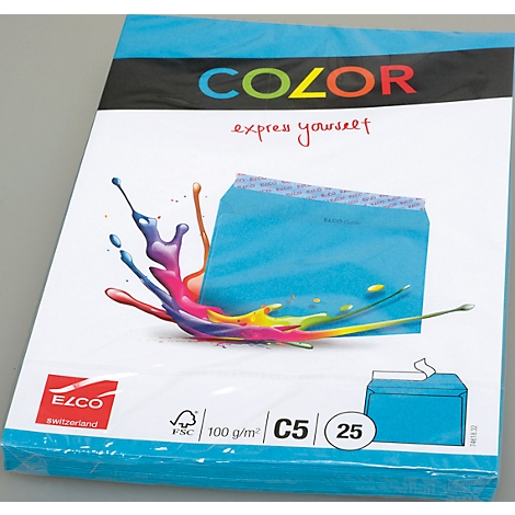 Blue envelope with colorful paint splashes and the words COLOR express yourself.