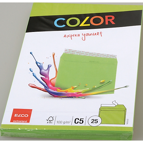 A stack of green envelopes with a green envelope on the front and colorful paint splashes.