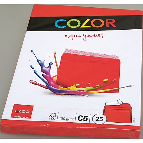 Red paper pack with the inscription COLOR, paint splashes, a red brochure and other text.