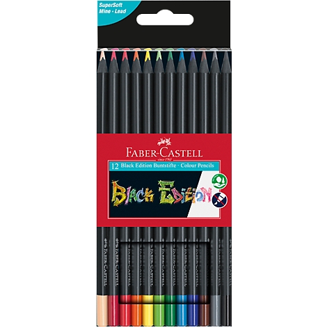 Package of 12 Faber-Castell colored pencils. Black pencils with colored leads. Inscription 'Black Edition'.