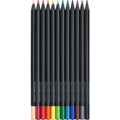 A dozen colored pencils with black barrels, lined up side by side.