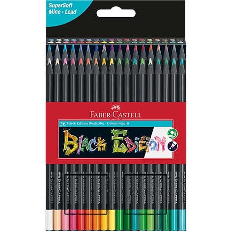 Box of 36 colored pencils from Faber-Castell. The pencils are black with colored tips and the inscription "Black Edition".