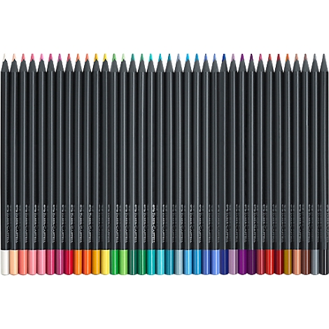 Row of colored pencils with black barrels and colored tips, forming a rainbow.