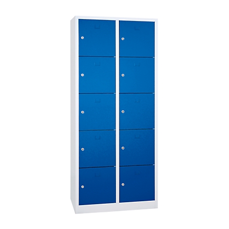 Armario con ocho puertas azules, bordes blancos metálicos.