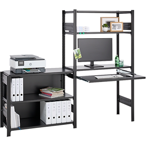 Bureau avec étagères intégrées, imprimante et moniteur, sur fond blanc.