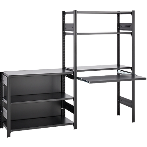 Étagère en métal foncé avec bureau intégré et tiroir coulissant. La construction est autoportante et offre plusieurs espaces de rangement.