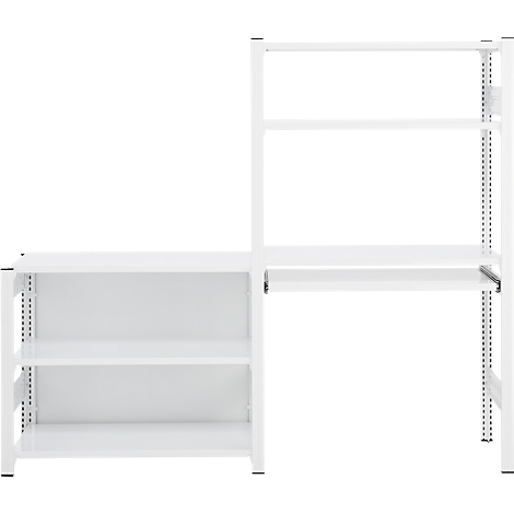 Étagère blanche avec bureau. L'étagère est composée de plusieurs niveaux. Elle repose sur un fond blanc.